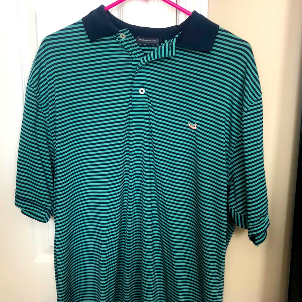 Southern Marsh maroon stripe polo shirt sleeve.   C